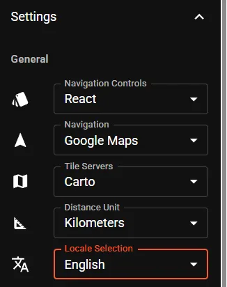 La opción Locale Selection dentro de Settings